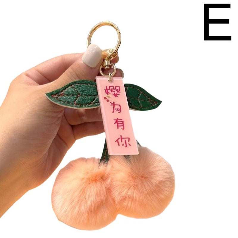 Faux rabbit fur plush cherry pendant, fashionable car keychain, women's bag plush charm